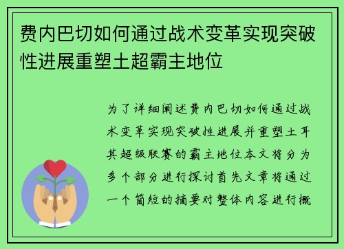 费内巴切如何通过战术变革实现突破性进展重塑土超霸主地位