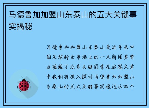 马德鲁加加盟山东泰山的五大关键事实揭秘