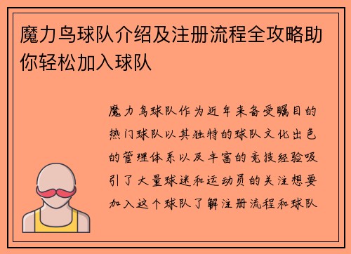 魔力鸟球队介绍及注册流程全攻略助你轻松加入球队