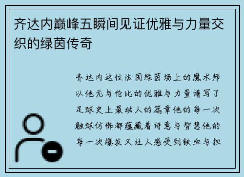 齐达内巅峰五瞬间见证优雅与力量交织的绿茵传奇